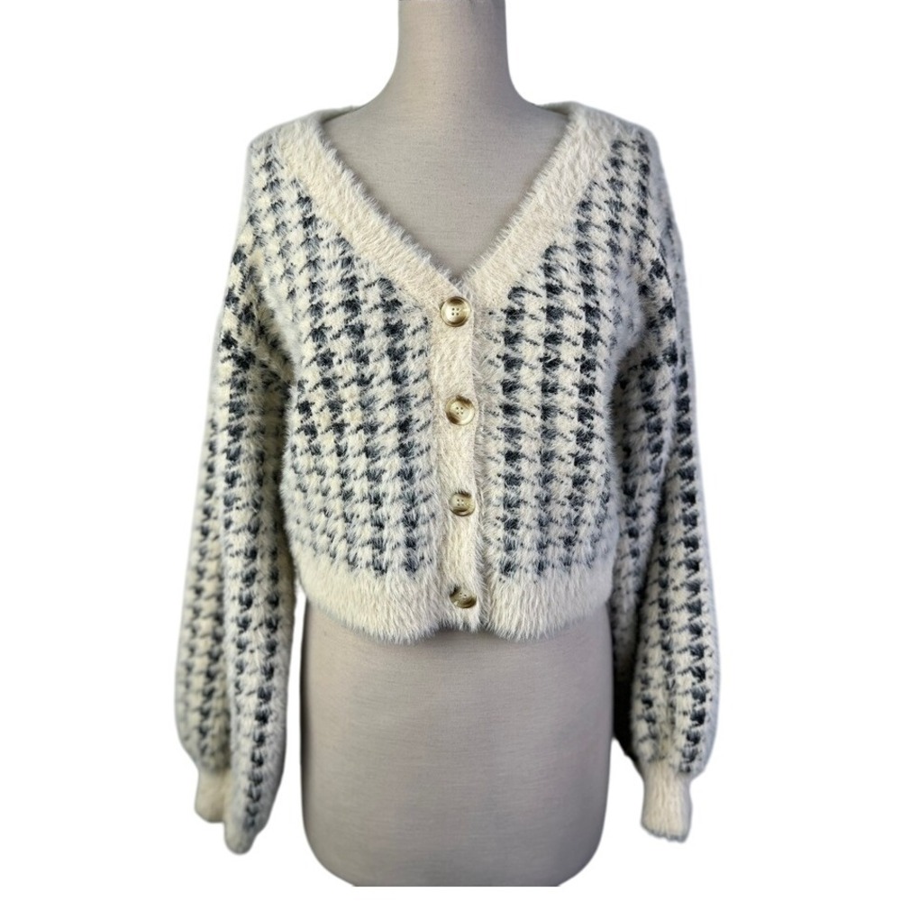 Aureum Fuzzy Houndstooth Grandma Cardigan Cropped‎ Knit Sweater Buttons Small